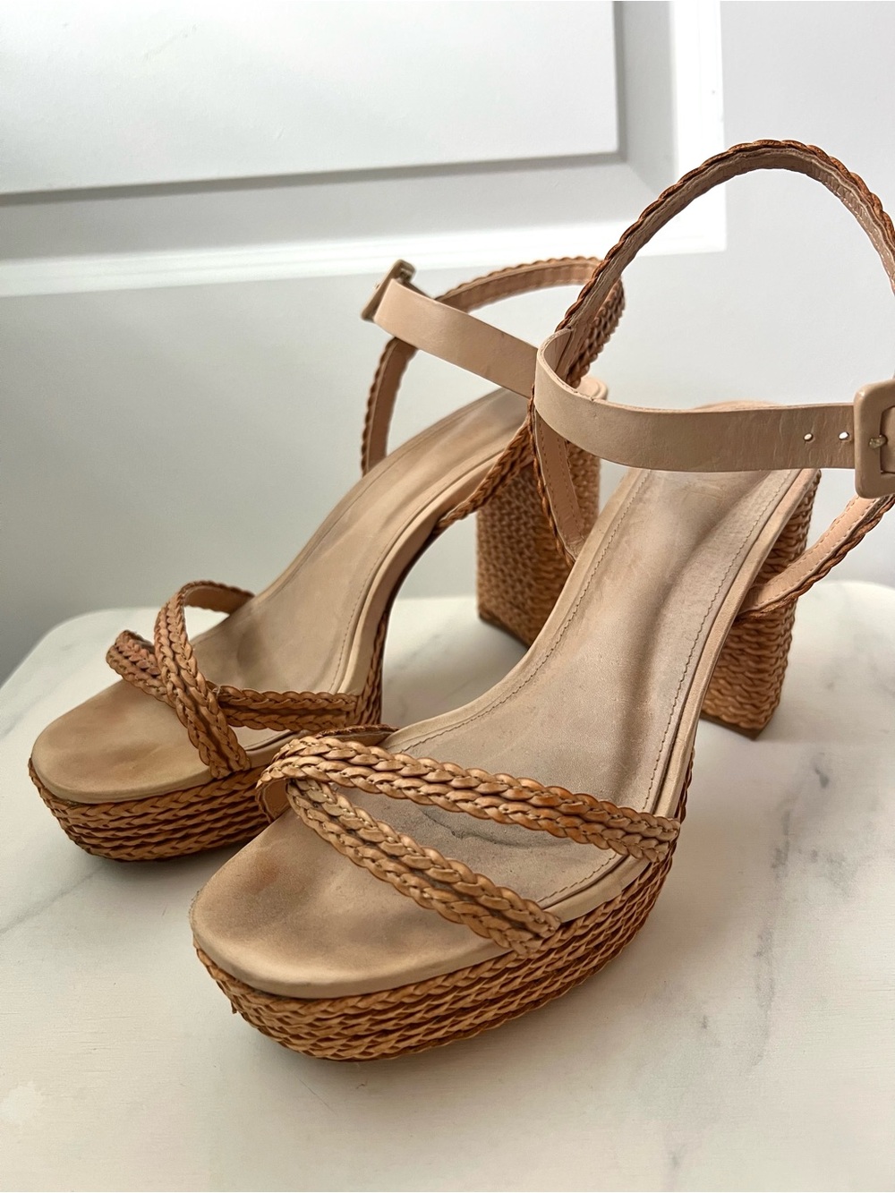 RAYE Woven Platform Block Heel Sandals in Tan